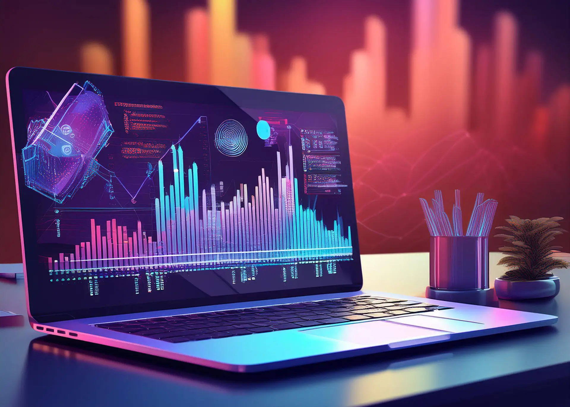 A modern workspace featuring a sleek laptop displaying financial growth graphs, AI-driven analytics, and futuristic business insights.