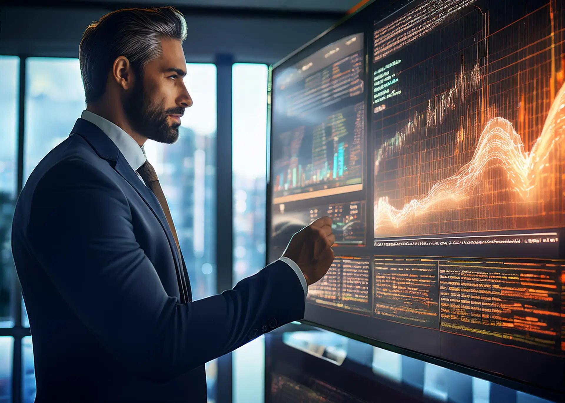 A digital entrepreneur analyzing an AI-powered investment dashboard with holographic charts displaying stock growth, automated trading insights, and online business revenue streams.