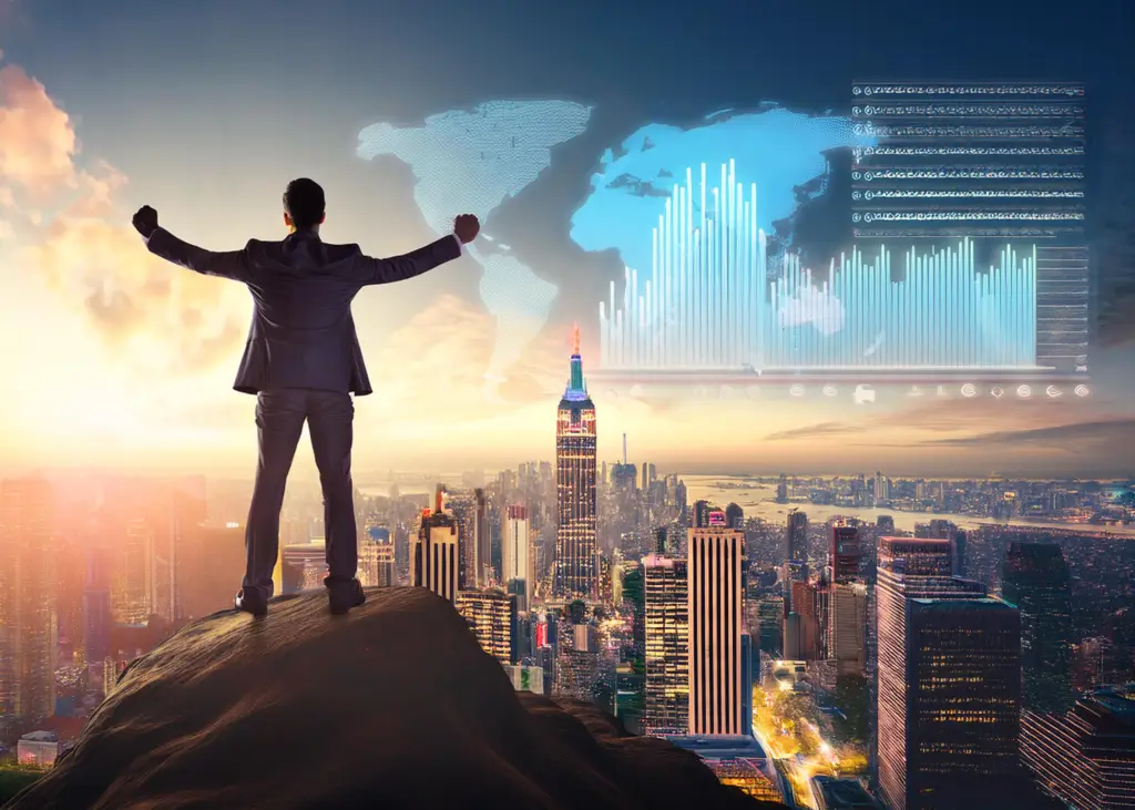 A confident professional standing atop a mountain peak overlooking a futuristic cityscape with digital charts, symbolizing global financial success and empowerment.