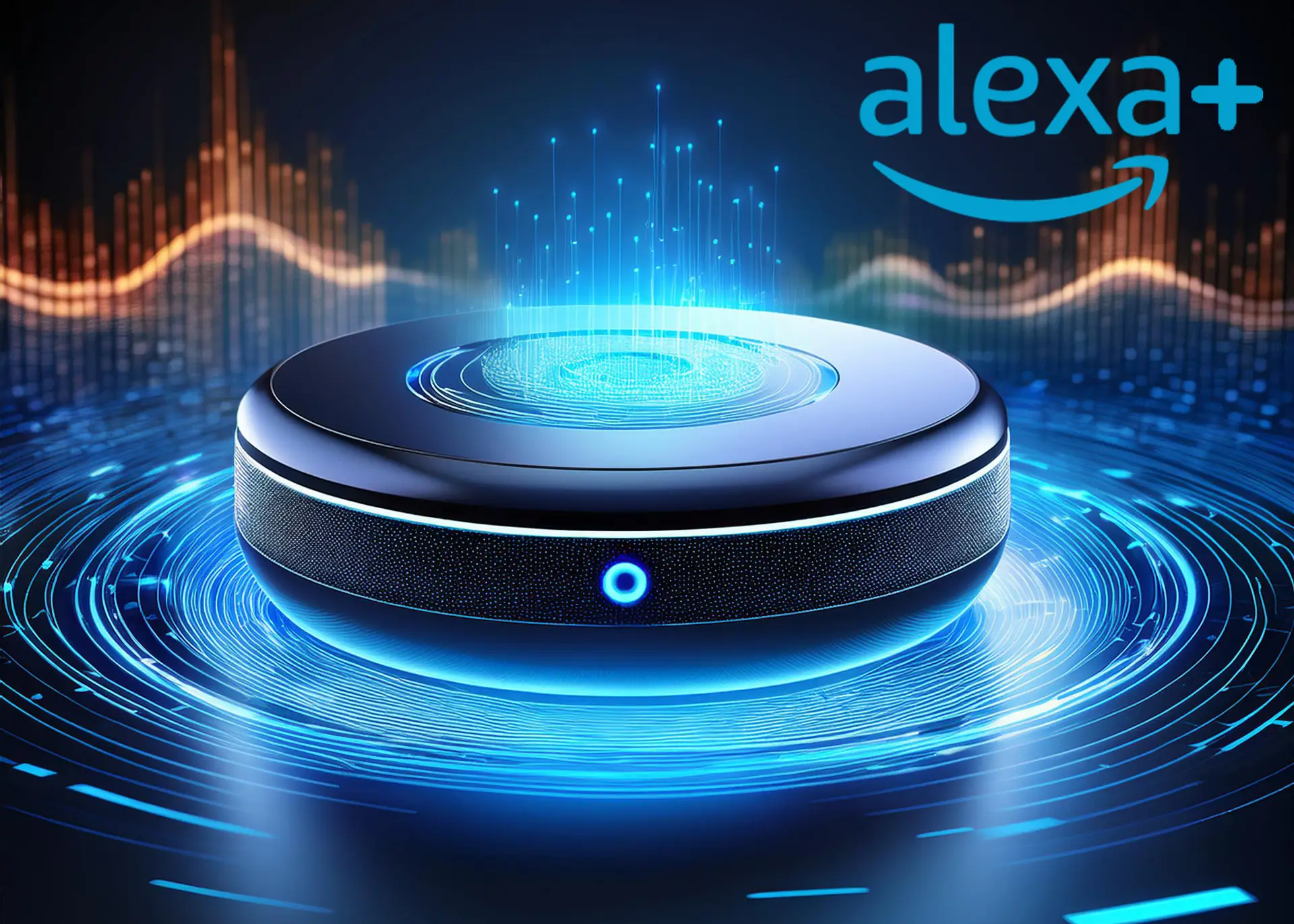 A futuristic smart device with glowing blue digital waves and the Alexa+ logo, symbolizing advanced AI-powered voice technology.