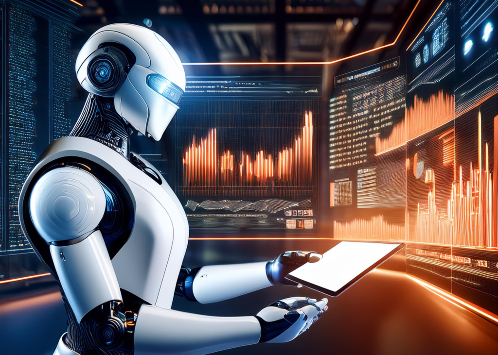 A sleek robotic assistant interacts with a glowing financial dashboard displaying cryptocurrency trends, stock market insights, passive income strategies, and AI-driven investment automation.