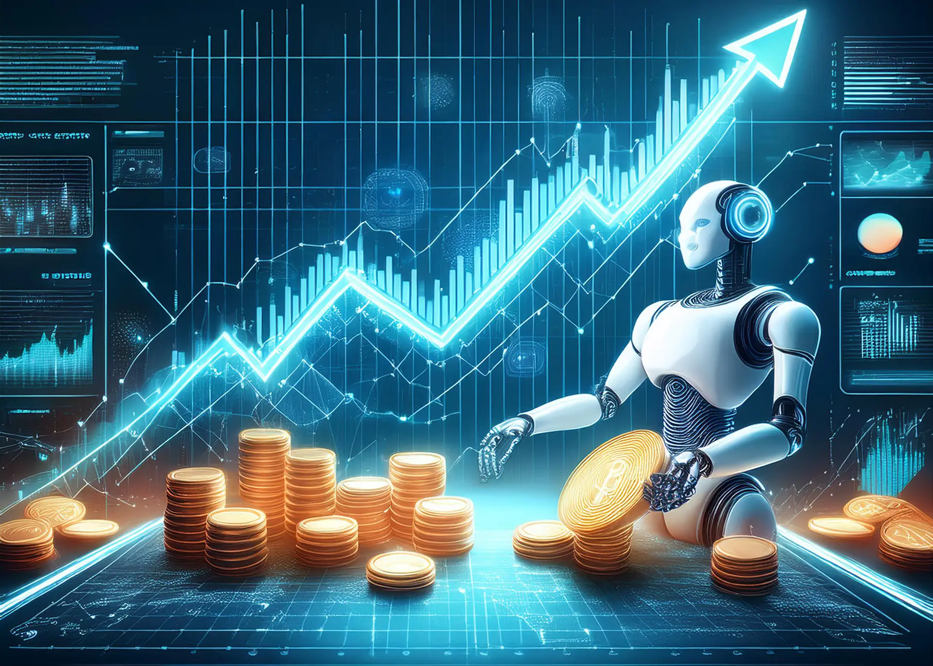 An AI-powered robot managing cryptocurrency and financial investments, with digital stock market graphs and a rising growth chart in the background.