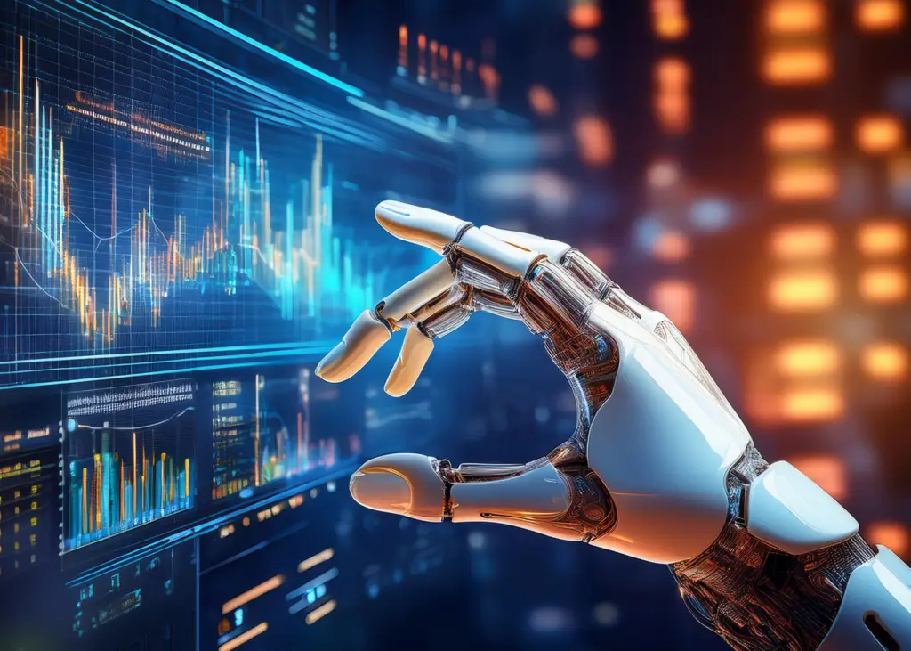 A robotic hand interacting with futuristic financial charts on a digital screen, symbolizing AI-powered finance, automated trading, and data-driven wealth management.