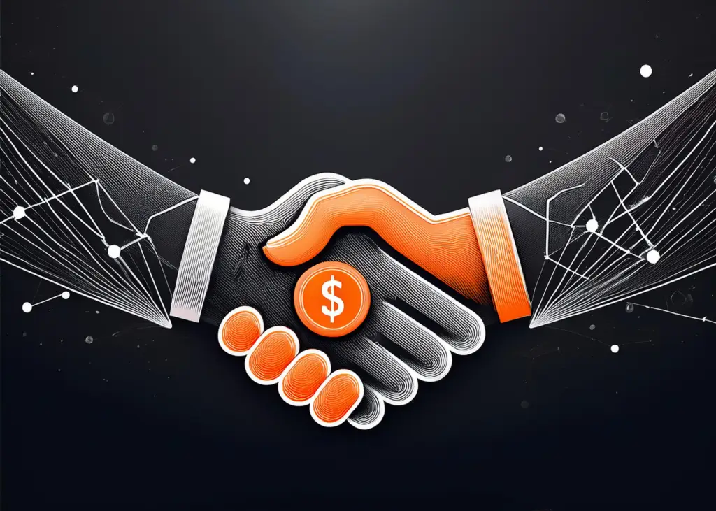 A digital handshake in orange and black, symbolizing business partnerships, financial agreements, and trust in affiliate marketing