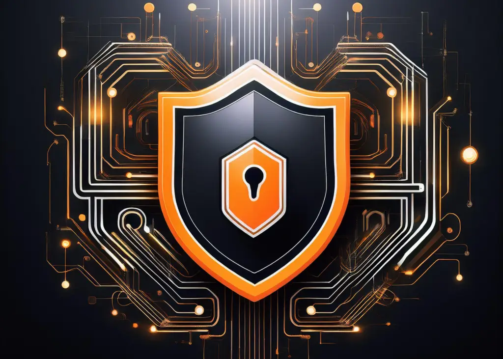 A futuristic cybersecurity shield with an orange and black digital circuit background, symbolizing data protection and online security