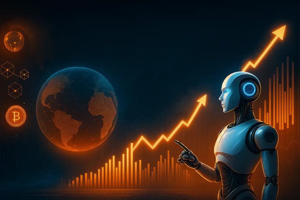 A futuristic robot pointing at an upward financial graph with a digital globe and cryptocurrency icons in the background, representing AI trends shaping the future of finance and wealth generation.