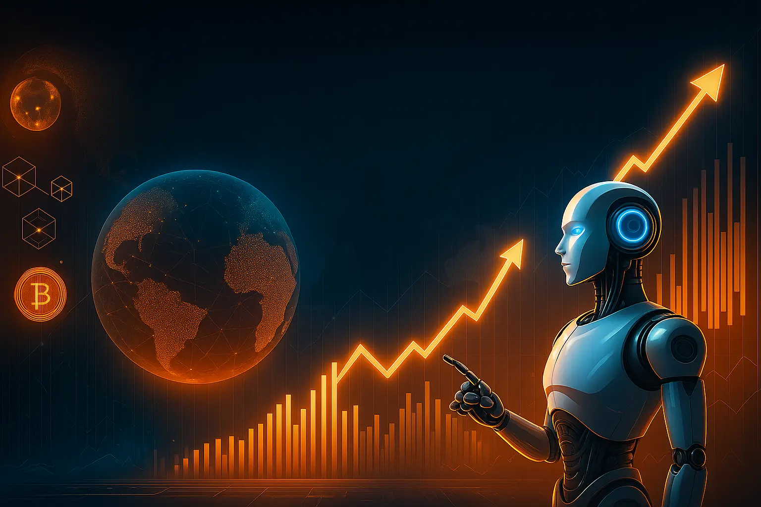 A futuristic robot pointing at an upward financial graph with a digital globe and cryptocurrency icons in the background, representing AI trends shaping the future of finance and wealth generation.